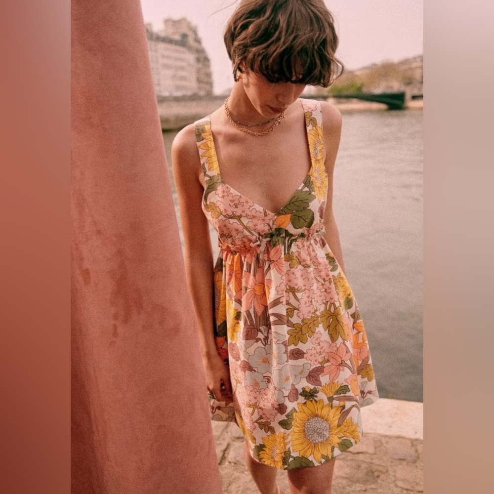 Sezane Clothilde 70s Boho Floral Linen Blend Dress 36/US S